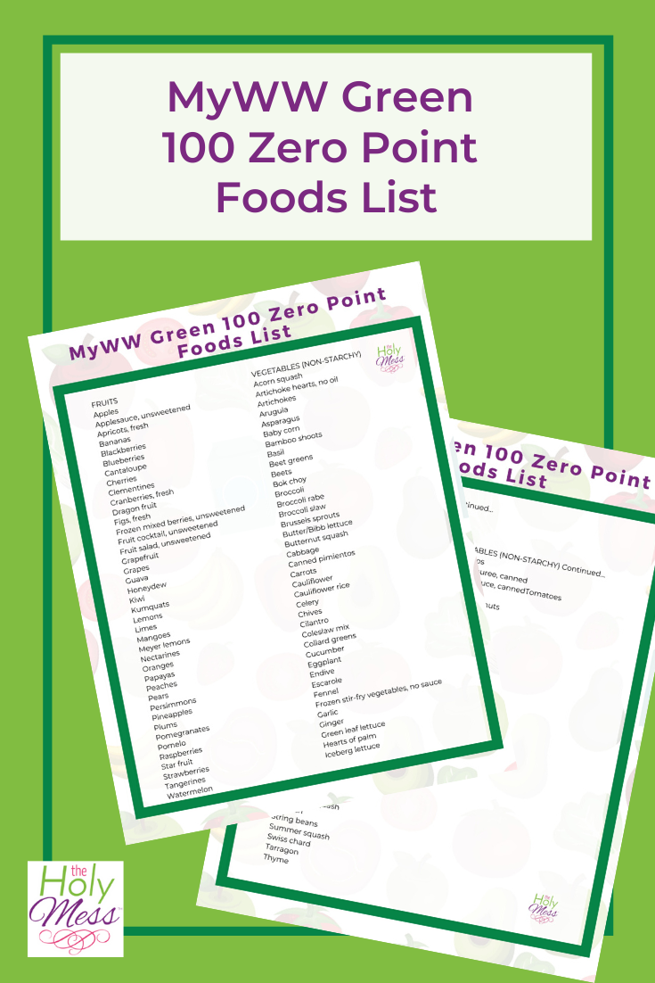 MyWW Green 100 Zero Points Food List with Free Printable