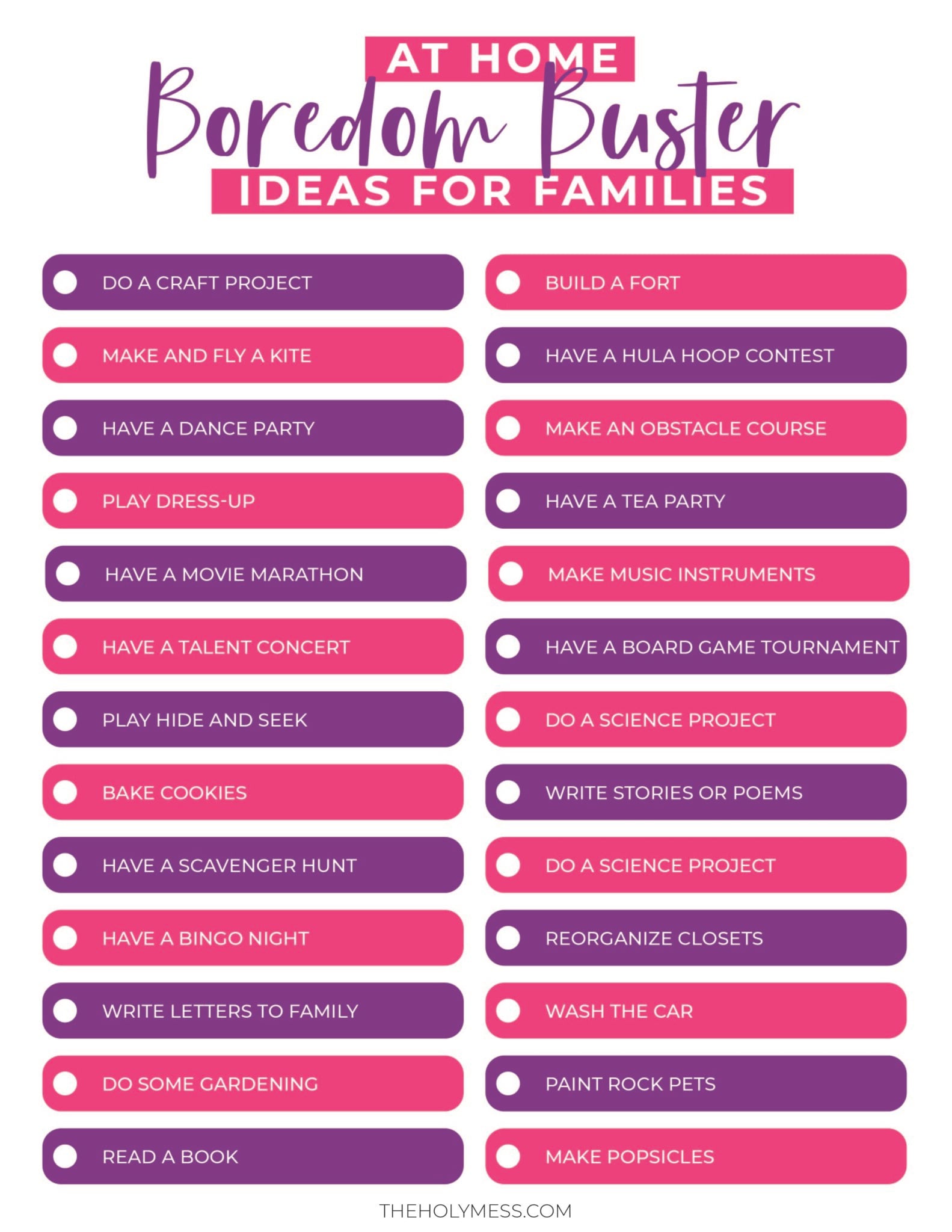 Free Printable At Home Boredom Busters for Families The Holy Mess