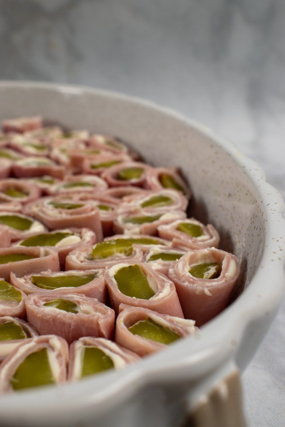 Ham-rolls-weight watchers party food in a bowl