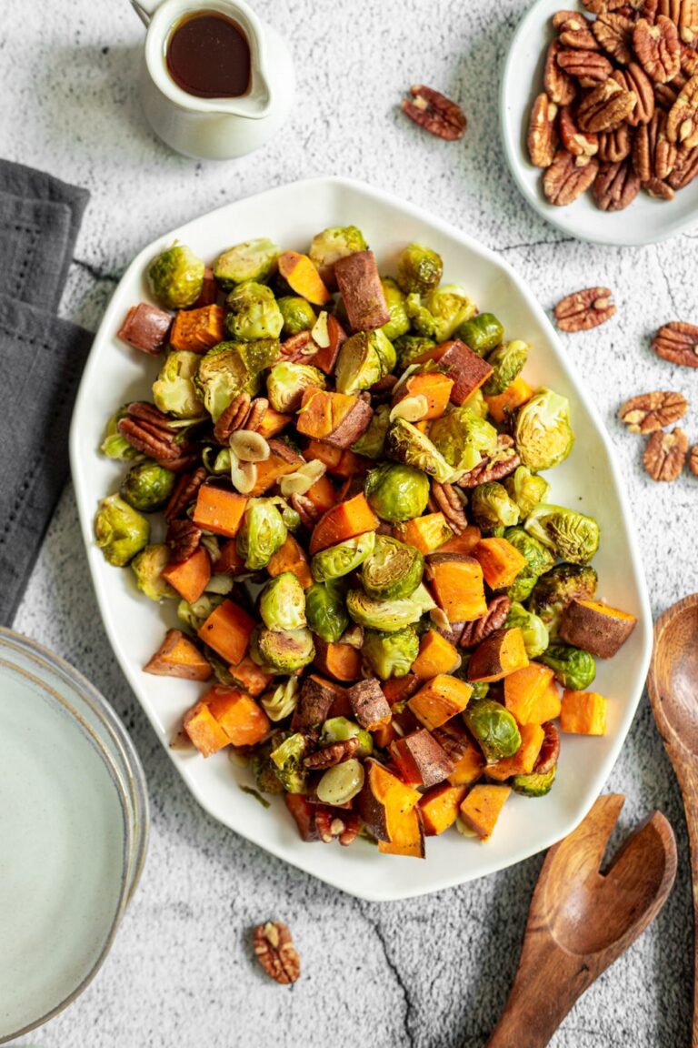 Easy Roasted Brussel Sprouts and Sweet Potatoes with Pecans The Holy Mess