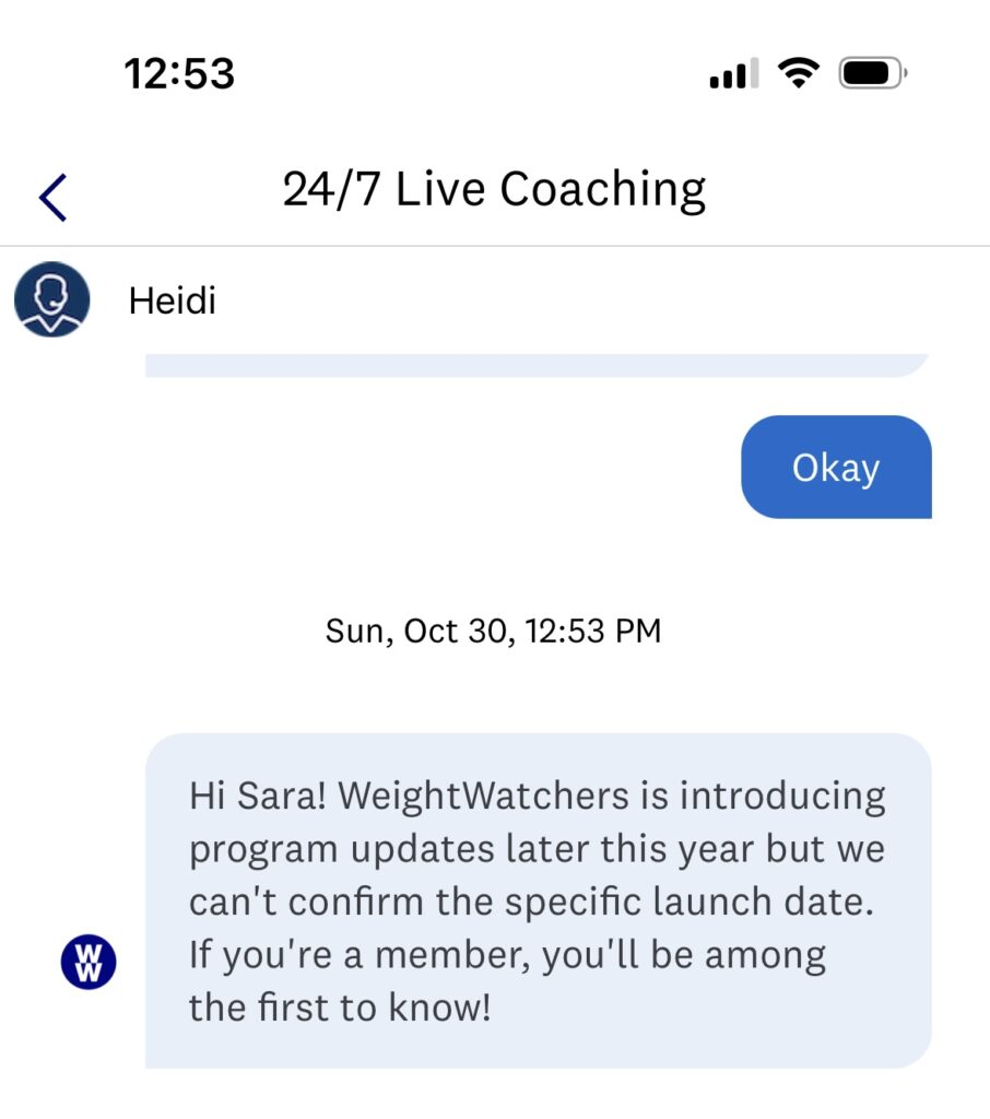 Chat with WW coach about new plan