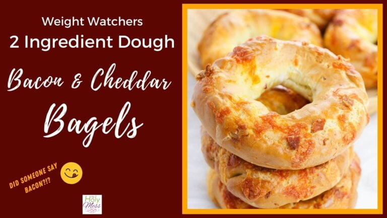Canva cover of Bacon & Cheddar Bagels stacked 3 high on a plate