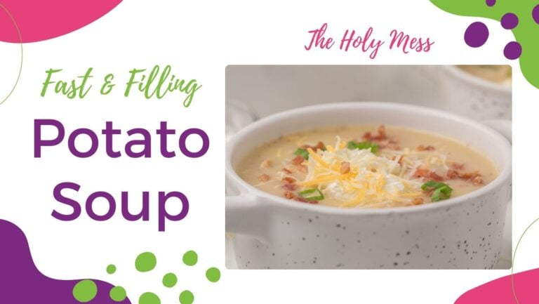 Canva cover image of soup in a white speckled soup mug for Fast & Filling Potato Soup post