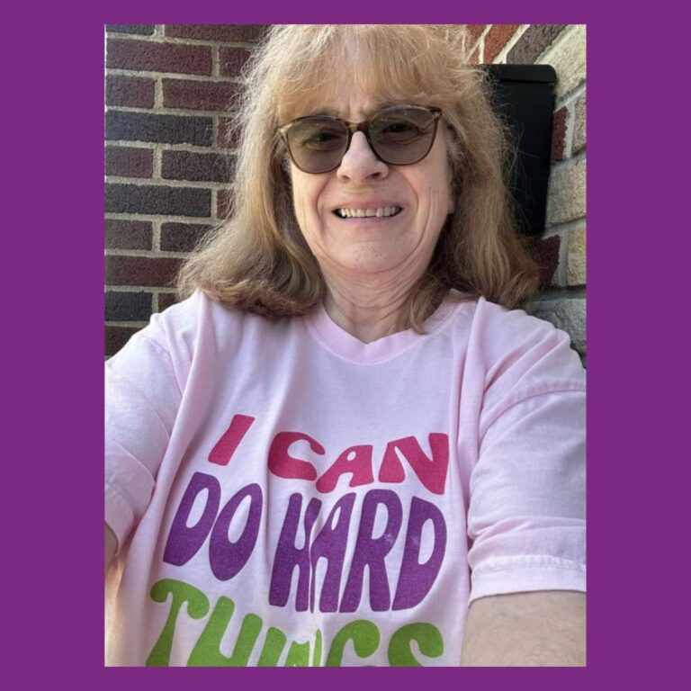 Debbie, a Holy Mess reader, wearing an I Can Do Hard Things shirt