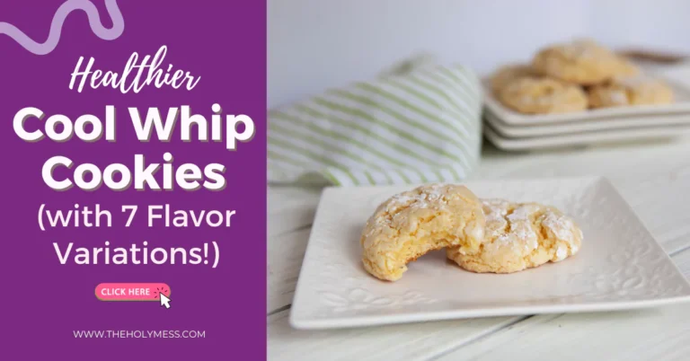 a white plate topped with cookies on top of a table with text reads as 'Healthier Cool Whip Cookies (with 7 Flavor Variations!)'.