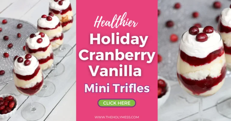 Festive cranberry vanilla mini trifles in clear glasses, layered with whipped cream and garnished with fresh cranberries, displayed on a wooden table with text reads as 'Healthier Holiday Cranberry Vanilla Mini Trifles.'