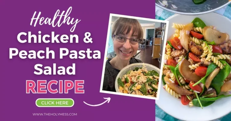 a plate of food with a photo of Sara holding a bowl of Healthy Chicken and Peach Pasta Salad.