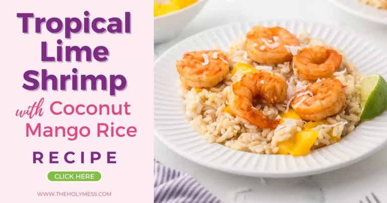 Tropical lime shrimp with coconut mango rice in a plate