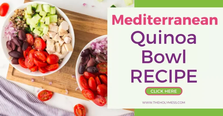 A wooden cutting board topped with quinoa bowls with text that reads as Mediterranean Quinoa Bowl Recipe.