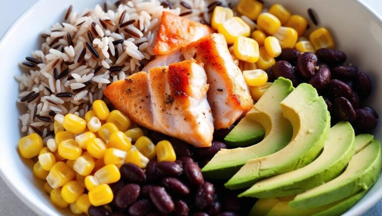 Fish Taco Bowl with wild rice, white fish, corn, avocado and black beans.
