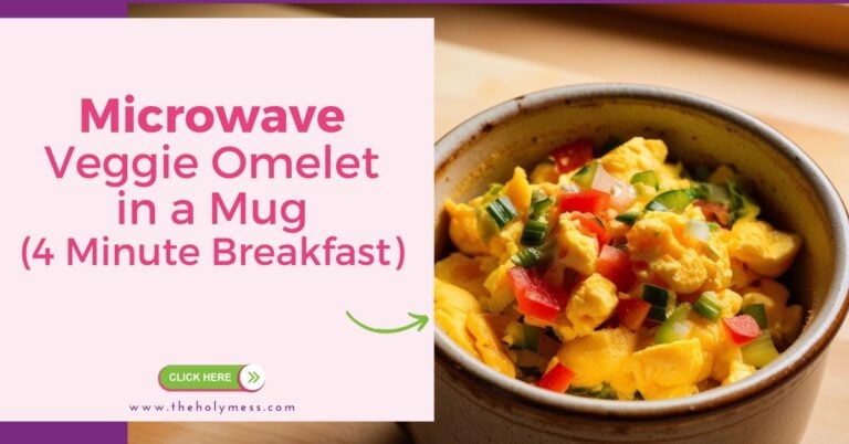 Scrambled eggs and veggies in a coffee mug