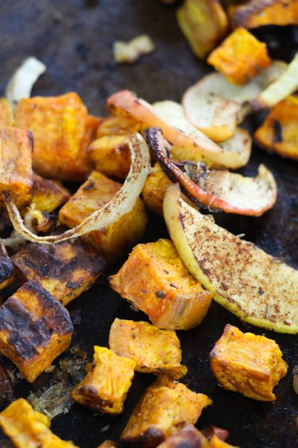 roasted sweet potatoes, apples, and onions
