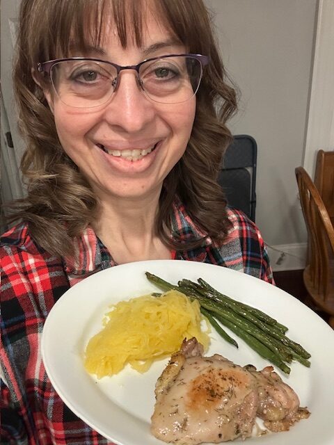 Lemon Chicken thighs, green beans, spaghetti squash