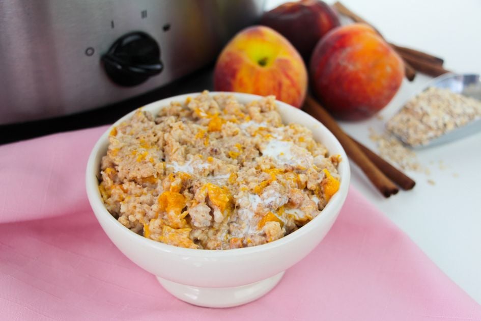 bowl of peach healthy oatmeal