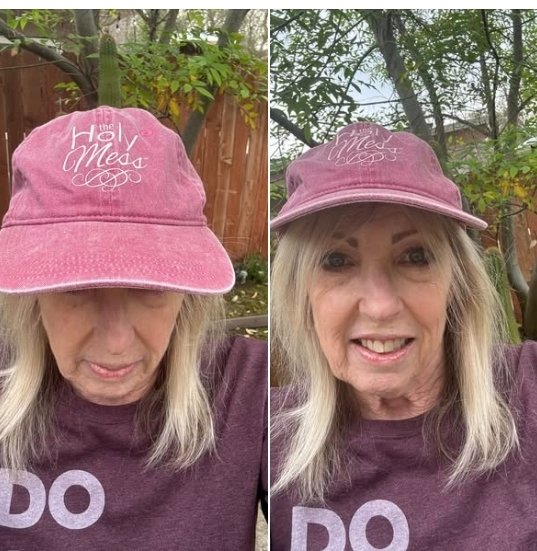 Holy Mess member wearing a pink The Holy Mess hat